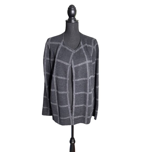 Eileen Fisher Women's Charcoal Gray Window-Pane Merino Wool Open Cardigan S - Picture 1 of 10
